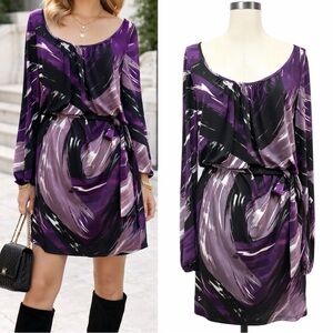 296 Laundry by Shelli Segal | NWOT Purple Abstract Print Belted Dress (Size L)